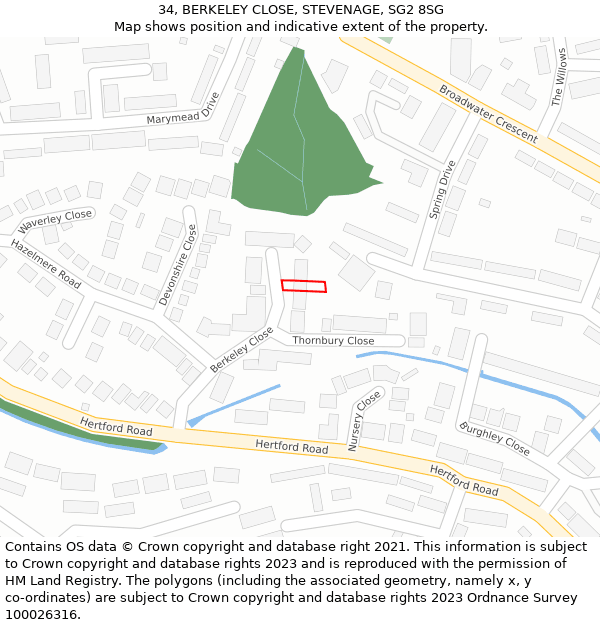 34, BERKELEY CLOSE, STEVENAGE, SG2 8SG: Location map and indicative extent of plot