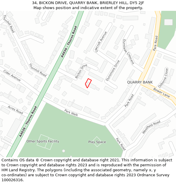 34, BICKON DRIVE, QUARRY BANK, BRIERLEY HILL, DY5 2JF: Location map and indicative extent of plot