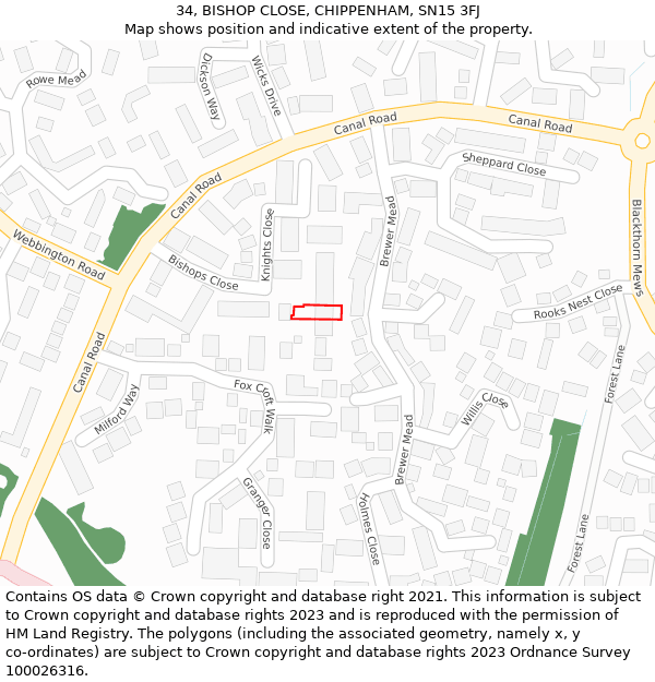 34, BISHOP CLOSE, CHIPPENHAM, SN15 3FJ: Location map and indicative extent of plot