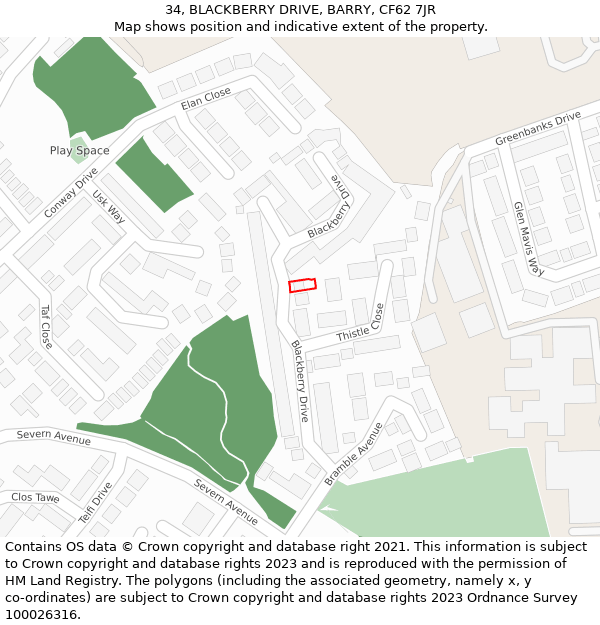 34, BLACKBERRY DRIVE, BARRY, CF62 7JR: Location map and indicative extent of plot