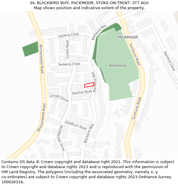 34, BLACKBIRD WAY, PACKMOOR, STOKE-ON-TRENT, ST7 4GA: Location map and indicative extent of plot