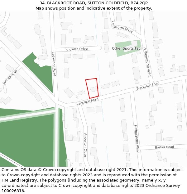 34, BLACKROOT ROAD, SUTTON COLDFIELD, B74 2QP: Location map and indicative extent of plot