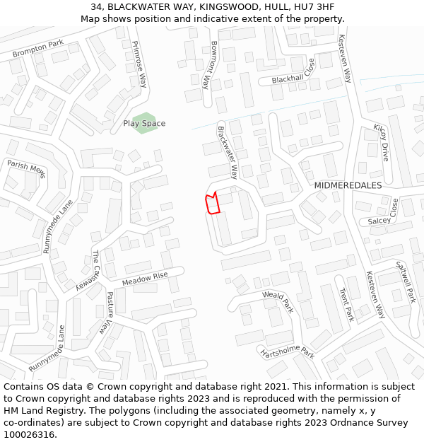 34, BLACKWATER WAY, KINGSWOOD, HULL, HU7 3HF: Location map and indicative extent of plot