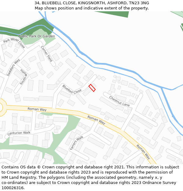 34, BLUEBELL CLOSE, KINGSNORTH, ASHFORD, TN23 3NG: Location map and indicative extent of plot