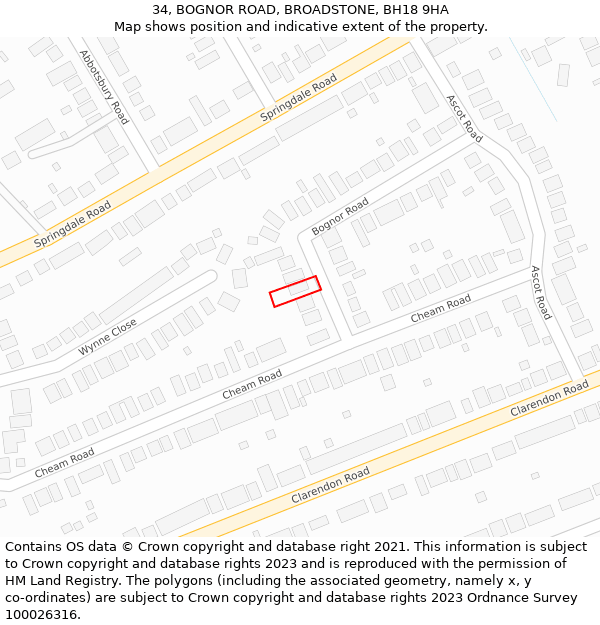 34, BOGNOR ROAD, BROADSTONE, BH18 9HA: Location map and indicative extent of plot