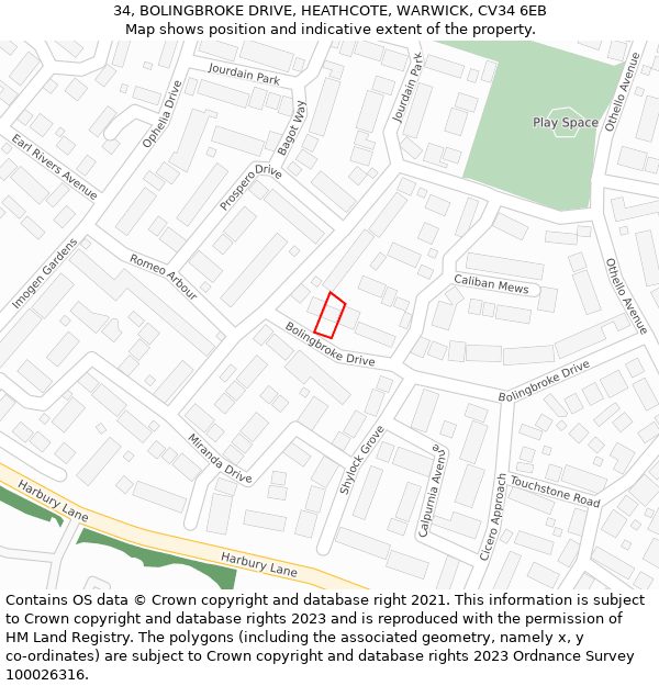 34, BOLINGBROKE DRIVE, HEATHCOTE, WARWICK, CV34 6EB: Location map and indicative extent of plot