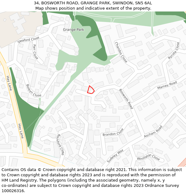 34, BOSWORTH ROAD, GRANGE PARK, SWINDON, SN5 6AL: Location map and indicative extent of plot