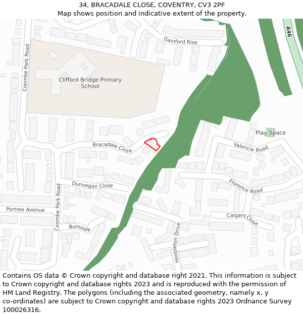 34, BRACADALE CLOSE, COVENTRY, CV3 2PF: Location map and indicative extent of plot