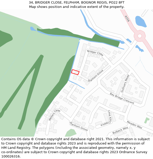 34, BRIDGER CLOSE, FELPHAM, BOGNOR REGIS, PO22 8FT: Location map and indicative extent of plot