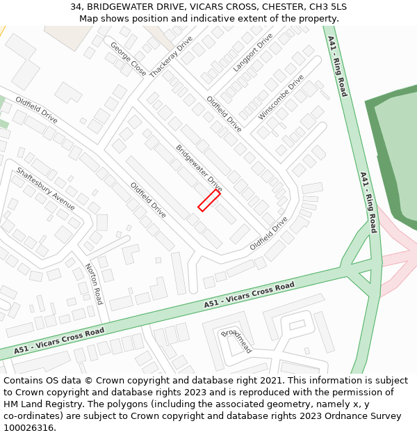 34, BRIDGEWATER DRIVE, VICARS CROSS, CHESTER, CH3 5LS: Location map and indicative extent of plot