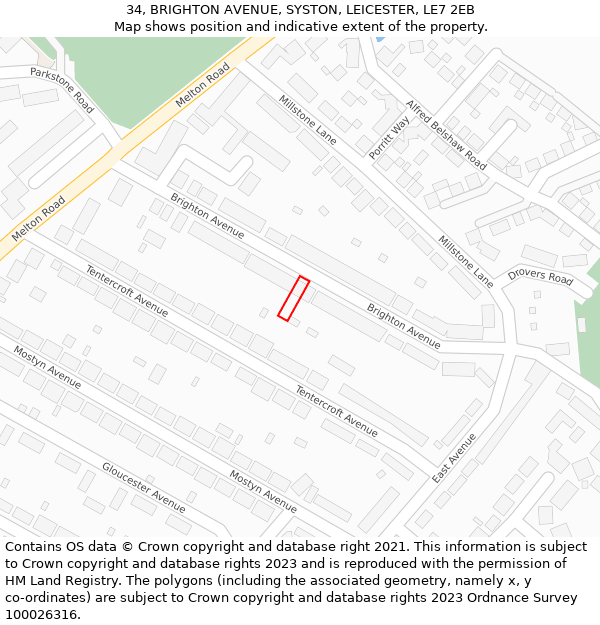 34, BRIGHTON AVENUE, SYSTON, LEICESTER, LE7 2EB: Location map and indicative extent of plot