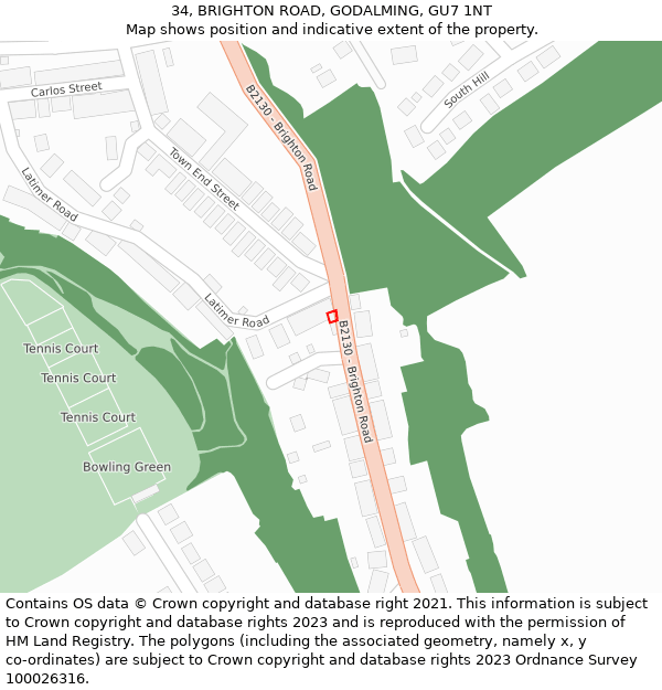 34, BRIGHTON ROAD, GODALMING, GU7 1NT: Location map and indicative extent of plot