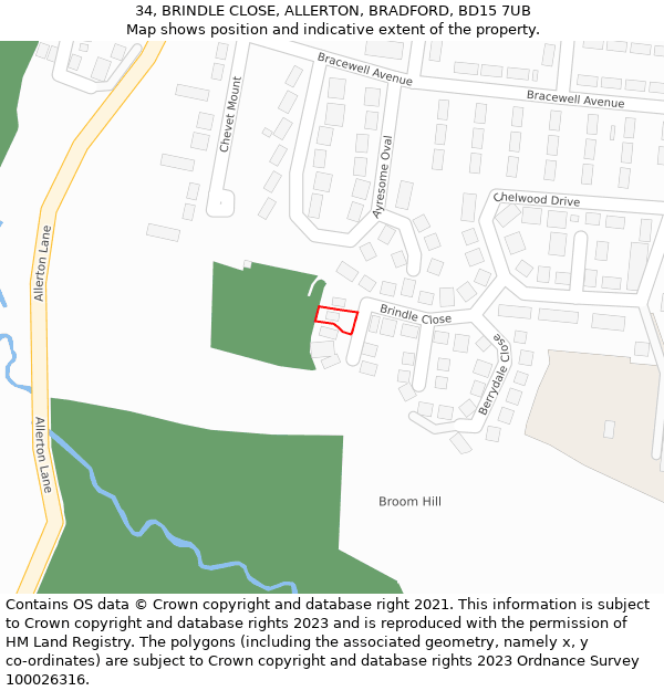 34, BRINDLE CLOSE, ALLERTON, BRADFORD, BD15 7UB: Location map and indicative extent of plot