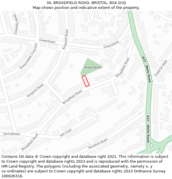 34, BROADFIELD ROAD, BRISTOL, BS4 2UQ: Location map and indicative extent of plot