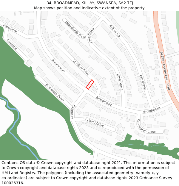 34, BROADMEAD, KILLAY, SWANSEA, SA2 7EJ: Location map and indicative extent of plot
