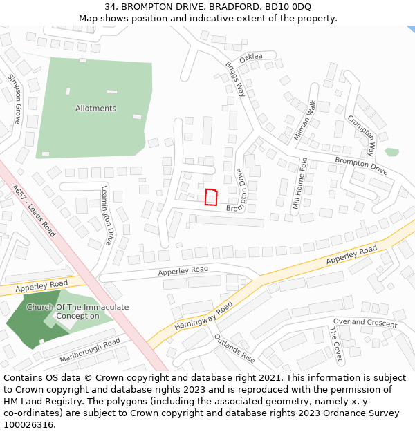 34, BROMPTON DRIVE, BRADFORD, BD10 0DQ: Location map and indicative extent of plot