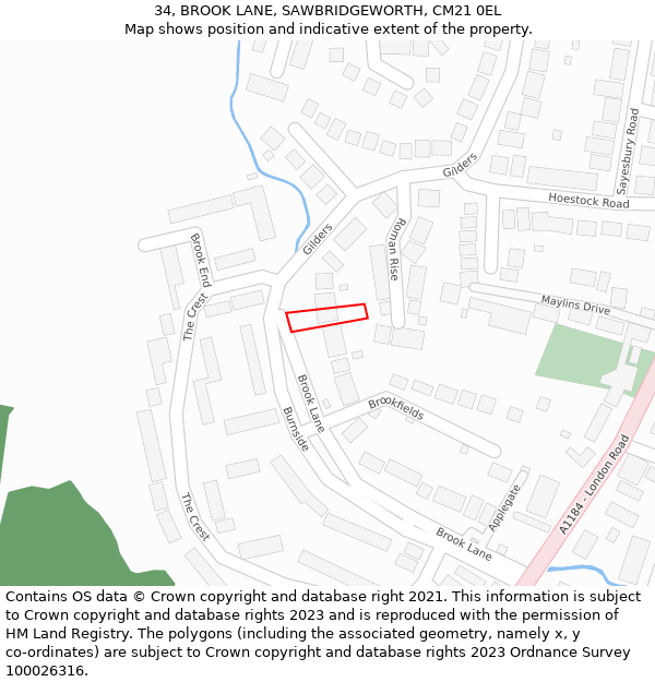 34, BROOK LANE, SAWBRIDGEWORTH, CM21 0EL: Location map and indicative extent of plot