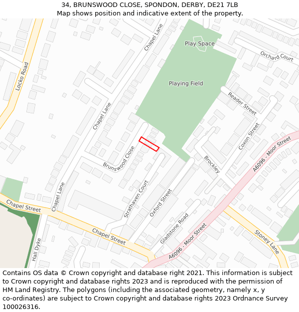 34, BRUNSWOOD CLOSE, SPONDON, DERBY, DE21 7LB: Location map and indicative extent of plot