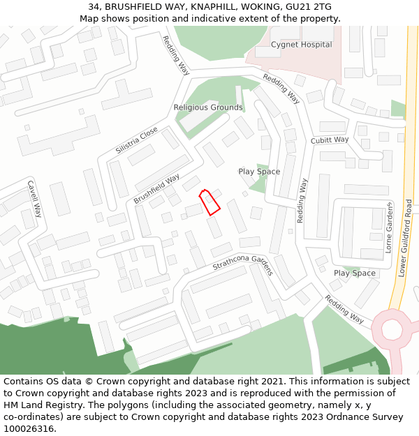 34, BRUSHFIELD WAY, KNAPHILL, WOKING, GU21 2TG: Location map and indicative extent of plot