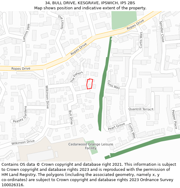 34, BULL DRIVE, KESGRAVE, IPSWICH, IP5 2BS: Location map and indicative extent of plot