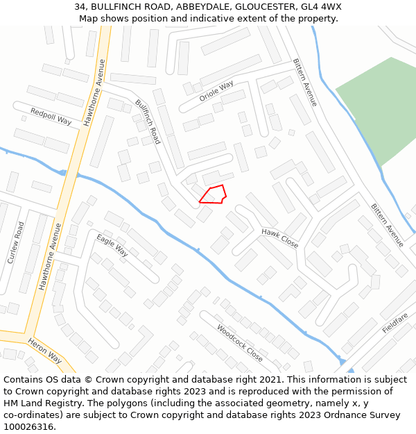 34, BULLFINCH ROAD, ABBEYDALE, GLOUCESTER, GL4 4WX: Location map and indicative extent of plot