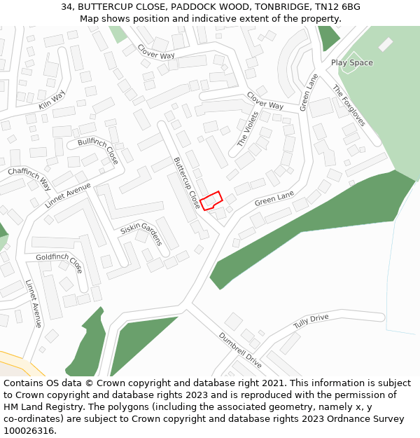 34, BUTTERCUP CLOSE, PADDOCK WOOD, TONBRIDGE, TN12 6BG: Location map and indicative extent of plot