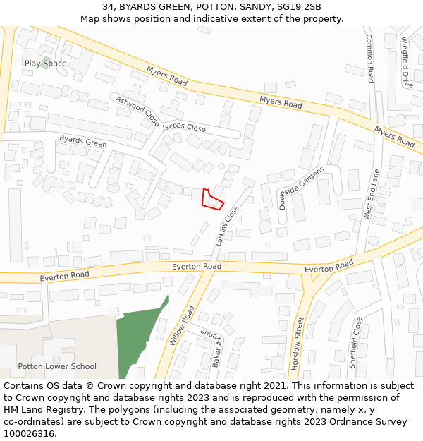 34, BYARDS GREEN, POTTON, SANDY, SG19 2SB: Location map and indicative extent of plot