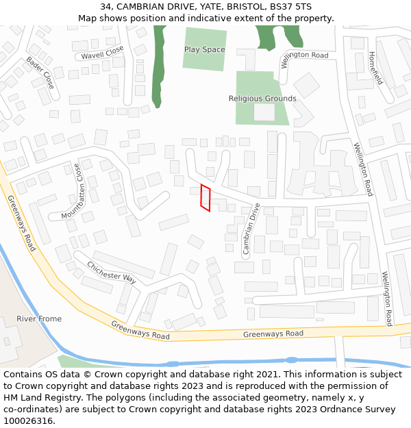 34, CAMBRIAN DRIVE, YATE, BRISTOL, BS37 5TS: Location map and indicative extent of plot