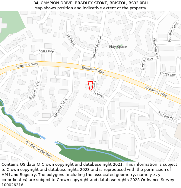 34, CAMPION DRIVE, BRADLEY STOKE, BRISTOL, BS32 0BH: Location map and indicative extent of plot