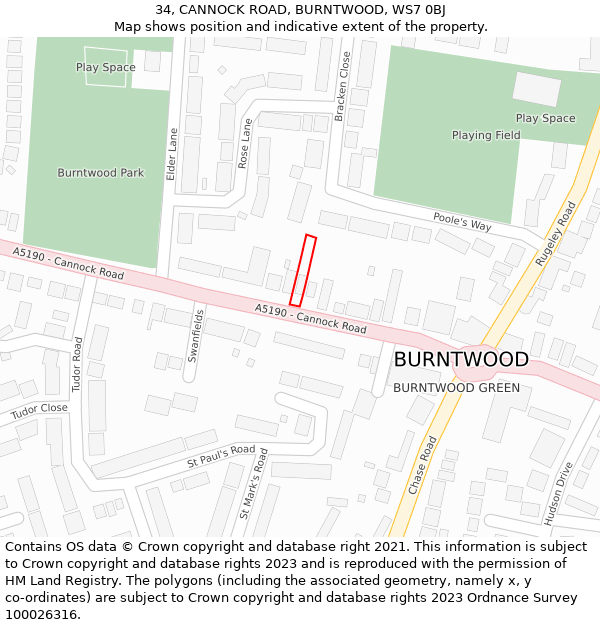34, CANNOCK ROAD, BURNTWOOD, WS7 0BJ: Location map and indicative extent of plot