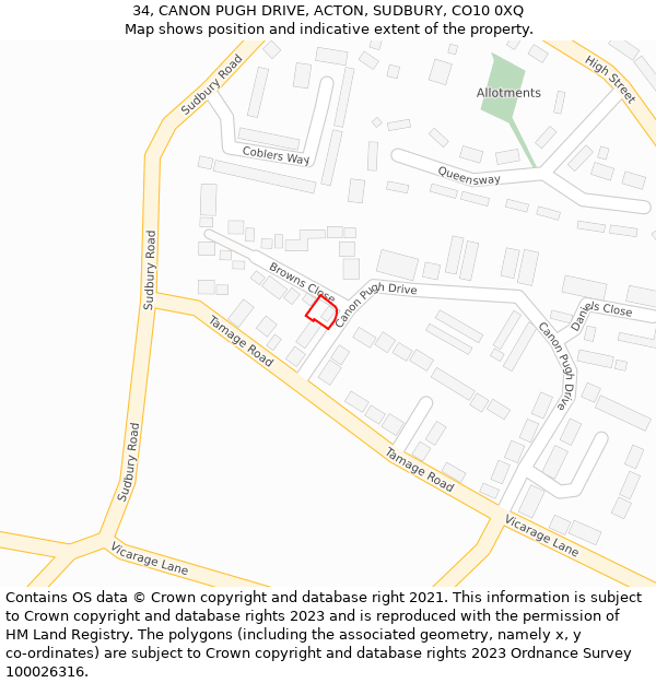 34, CANON PUGH DRIVE, ACTON, SUDBURY, CO10 0XQ: Location map and indicative extent of plot