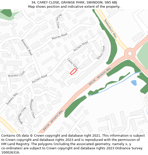 34, CAREY CLOSE, GRANGE PARK, SWINDON, SN5 6BJ: Location map and indicative extent of plot