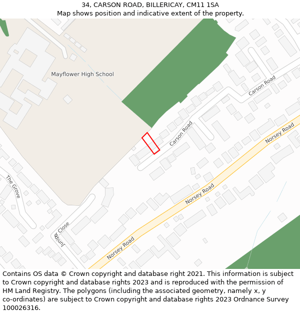34, CARSON ROAD, BILLERICAY, CM11 1SA: Location map and indicative extent of plot