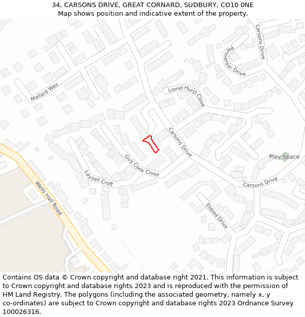 34, CARSONS DRIVE, GREAT CORNARD, SUDBURY, CO10 0NE: Location map and indicative extent of plot