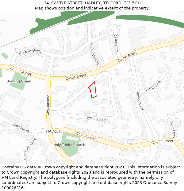 34, CASTLE STREET, HADLEY, TELFORD, TF1 5GH: Location map and indicative extent of plot