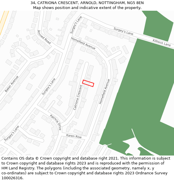 34, CATRIONA CRESCENT, ARNOLD, NOTTINGHAM, NG5 8EN: Location map and indicative extent of plot