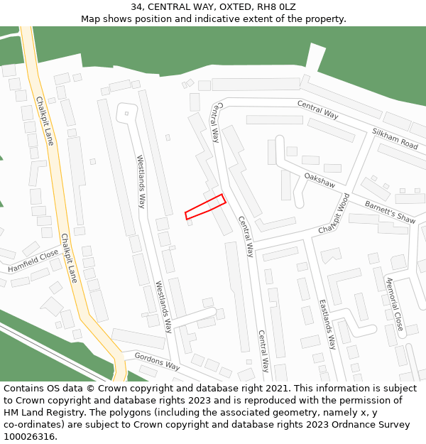 34, CENTRAL WAY, OXTED, RH8 0LZ: Location map and indicative extent of plot