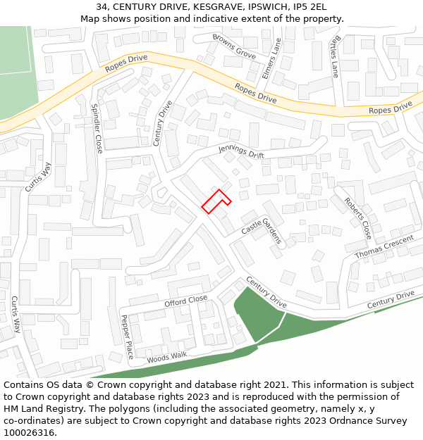 34, CENTURY DRIVE, KESGRAVE, IPSWICH, IP5 2EL: Location map and indicative extent of plot