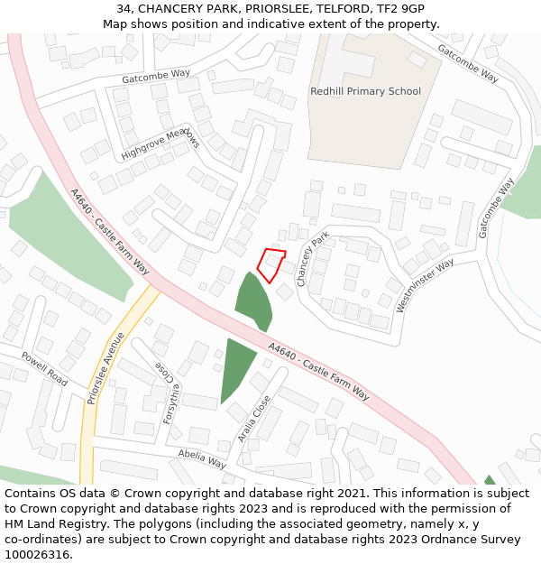 34, CHANCERY PARK, PRIORSLEE, TELFORD, TF2 9GP: Location map and indicative extent of plot