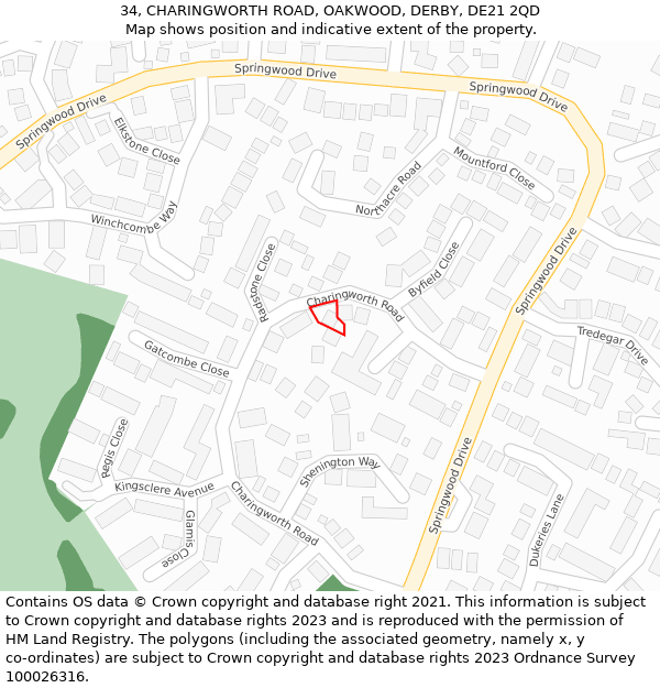34, CHARINGWORTH ROAD, OAKWOOD, DERBY, DE21 2QD: Location map and indicative extent of plot