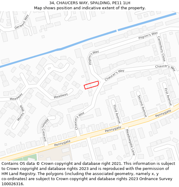 34, CHAUCERS WAY, SPALDING, PE11 1LH: Location map and indicative extent of plot