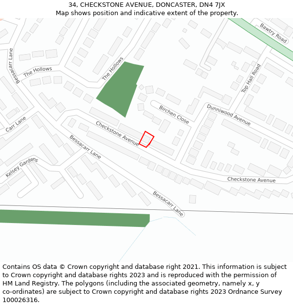 34, CHECKSTONE AVENUE, DONCASTER, DN4 7JX: Location map and indicative extent of plot