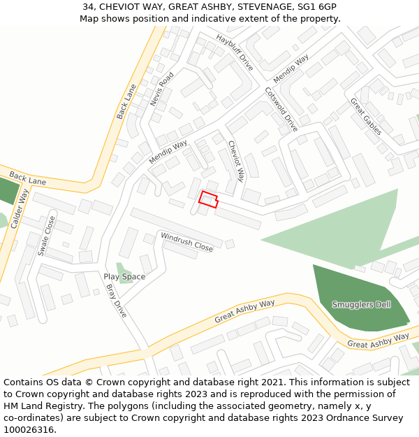 34, CHEVIOT WAY, GREAT ASHBY, STEVENAGE, SG1 6GP: Location map and indicative extent of plot