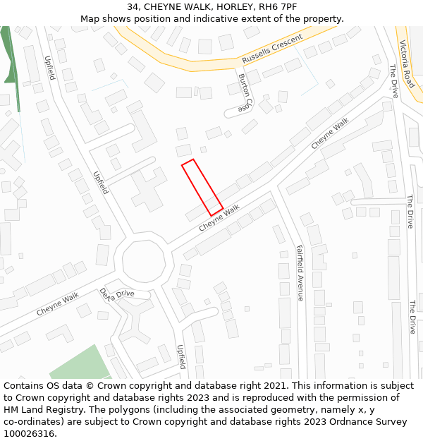 34, CHEYNE WALK, HORLEY, RH6 7PF: Location map and indicative extent of plot