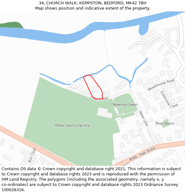 34, CHURCH WALK, KEMPSTON, BEDFORD, MK42 7BH: Location map and indicative extent of plot
