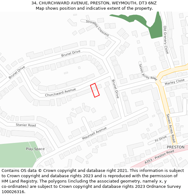 34, CHURCHWARD AVENUE, PRESTON, WEYMOUTH, DT3 6NZ: Location map and indicative extent of plot