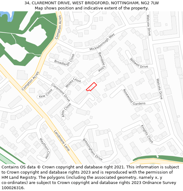 34, CLAREMONT DRIVE, WEST BRIDGFORD, NOTTINGHAM, NG2 7LW: Location map and indicative extent of plot