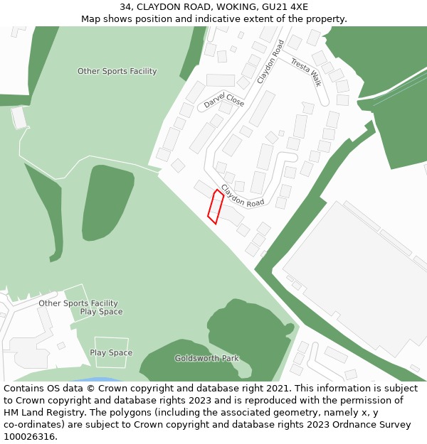 34, CLAYDON ROAD, WOKING, GU21 4XE: Location map and indicative extent of plot