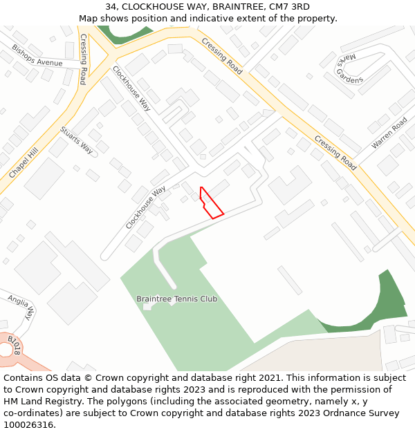 34, CLOCKHOUSE WAY, BRAINTREE, CM7 3RD: Location map and indicative extent of plot