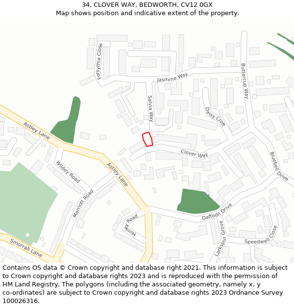 34, CLOVER WAY, BEDWORTH, CV12 0GX: Location map and indicative extent of plot